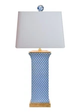 Table Lamp - Porcelain Blue White Fish Scale Flat Vase Lamp Gold Base 28"H 16"W