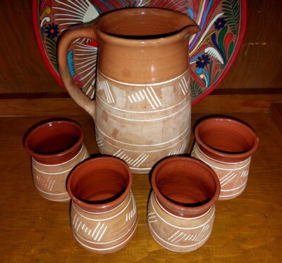 Vintage Greek Terracotta Pitcher + Cups Set - Lapithos Cyprus Greco Serving