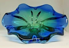 Murano Art Glass Flower Dish Blue Ruffled Edge Green Center Clear Base Italy