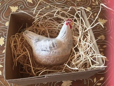 New 3D Dresden White Chicken in a Basket Paper Christmas Ornament 2 1/2" Cluck!