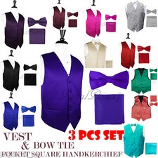Brand Q SOLID Design Dress VEST Pre-Tied BOW TIE  HANKIE SET For Suit or Tuxedo