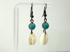 Handmade Cowrie Shell  Turquoise Bead Dangle Earrings Boho Beach Ocean Heir