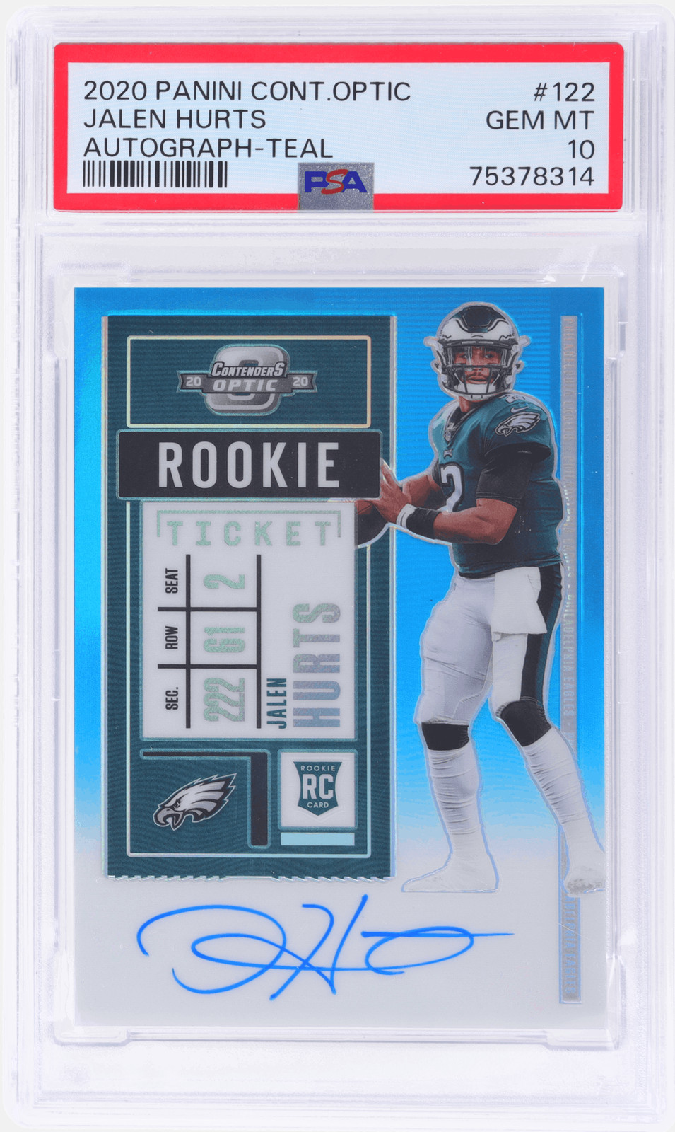 2020 Contenders Optic Jalen Hurts Rookie Ticket Auto Teal #122 /99 PSA 10 RC