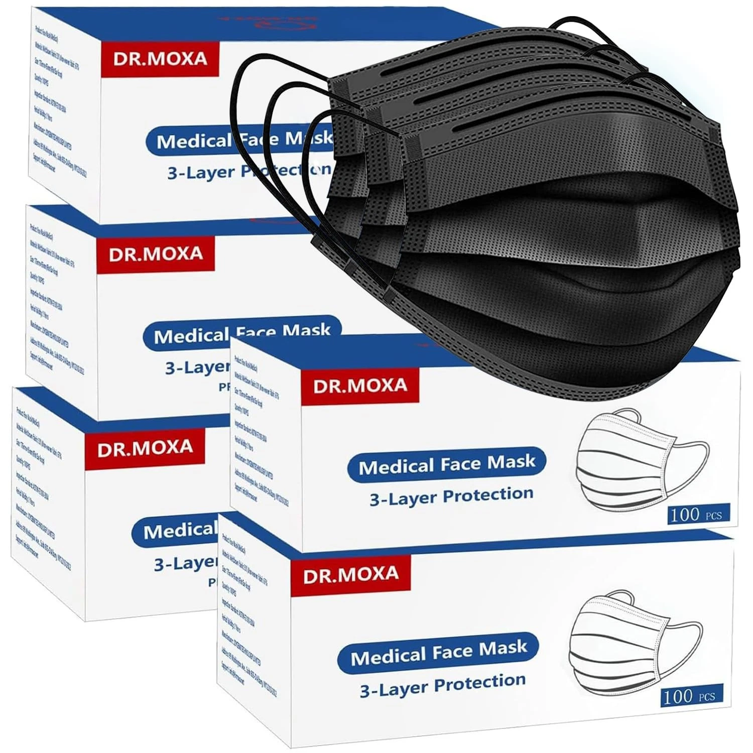 500Pcs Black Medical Disposable Face Mask5 Boxes, 100pcs/Box 3Ply Protection