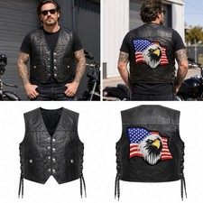 Diamond Plate Men  s M Buffalo Leather Biker Vest Eagle American Flag Patch