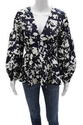 Alexis Women Dark Blue Floral V-Neck Long Sleeve Zip Blouse Size S