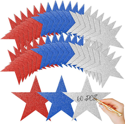 60 Pcs Patriotic Star Cutouts Double Printed Paper Star Confetti Cutouts for 4Th