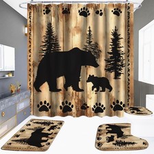 4 Pieces Rustic Bear Shower Curtain for Cabin Bathroom Forest Woodland Nursery B