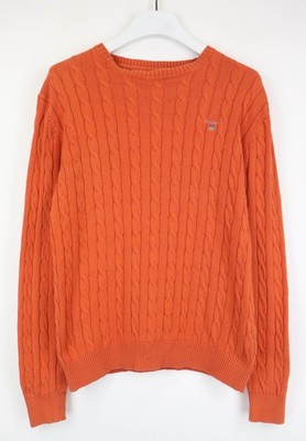 Gant Pullover Herren XL Zopfmuster Rundhals Pullover Orange Premium Baumwolle