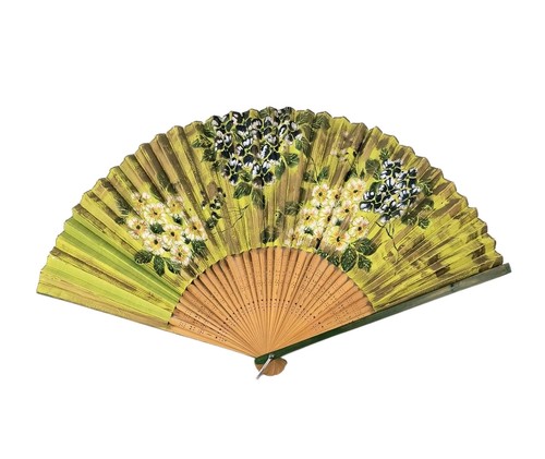 Vintage Green Floral Wooden Paper Hand Fan Fold Up 1940-1950 Japan Intricate
