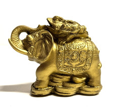 Feng Shui Geldfrosch auf Elefant Antik-Gold Glücksbringer Reichtum Deko Skulptur
