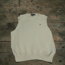 VTG Polo Ralph Lauren Mens XL Cream Cotton V-Neck Sweater Vest Navy Pony Knit