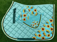 SUN FLOWER ENGLISH SADDLE PAD SET FLY VEIL HORSE EAR NET BONNET STUNNER SPORTS