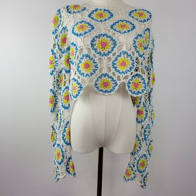 Crochet Cropped Sweater Sz M Long Sleeve Colorblock Granny Square Boho Festival