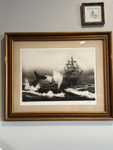 Jack Coughlin Signed Etching "Boats Away" 1977 Framed Whaling Whale Art