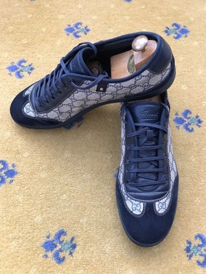 Gucci Trainers Sneaker Shoes Monogram Canvas Suede Blue Mens UK 14 US 15 EU 48