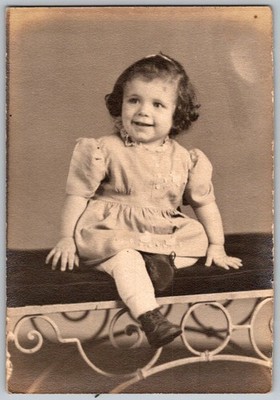 Vtg B&W Snapshot Cute Toddler Girl Curly Hair Puffy Sleeve Dress Bench 1940s