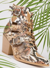 Women's Cut Out Buckle Boots Reptile Skin Ankle Boots Zip Fastening At Back