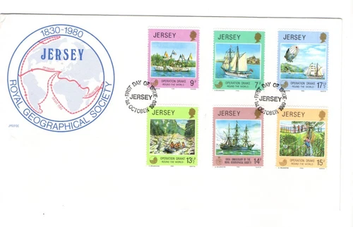 1980 JERSEY - ROYAL GEOGRAPHICAL SOCIETY 150 YEARS FDC FROM COLLECTION K42