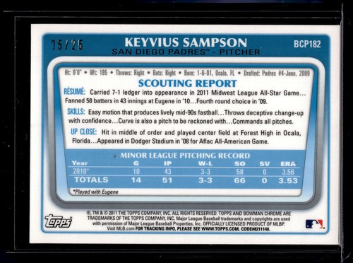 2011 Bowman Chrome #BCP182 Keyvius Sampson Prospects Orange Refractors #/25 - Picture 2 of 2