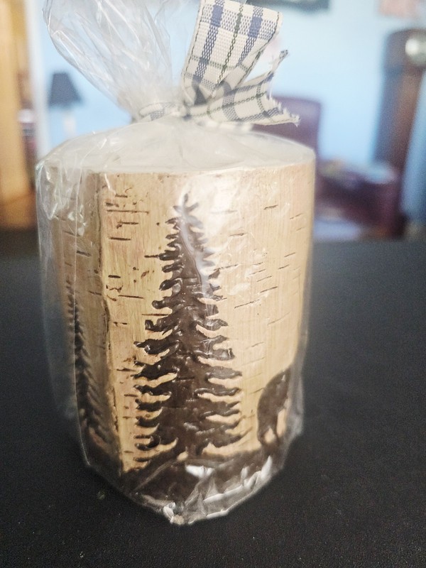 Decorative Pillar Candle Moose Pines Wolf 3 in x 4 in Ribbon & Cellophane New