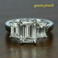 Lab-Created 2.55CT Emerald Cut Diamond Engagement 3-Stone Ring 14K White Gold FN