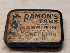 ANTIQUE RAMON'S TABS ASPIRIN TIN EMPTY MEDICINE GREAT GRAPHICS OF LITTLE DOCTOR 