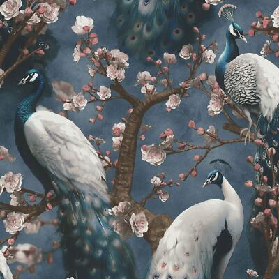 Peacocks Vinyl Wallpaper Flowers Exotic Birds Tree Erismann 10414-08 Navy