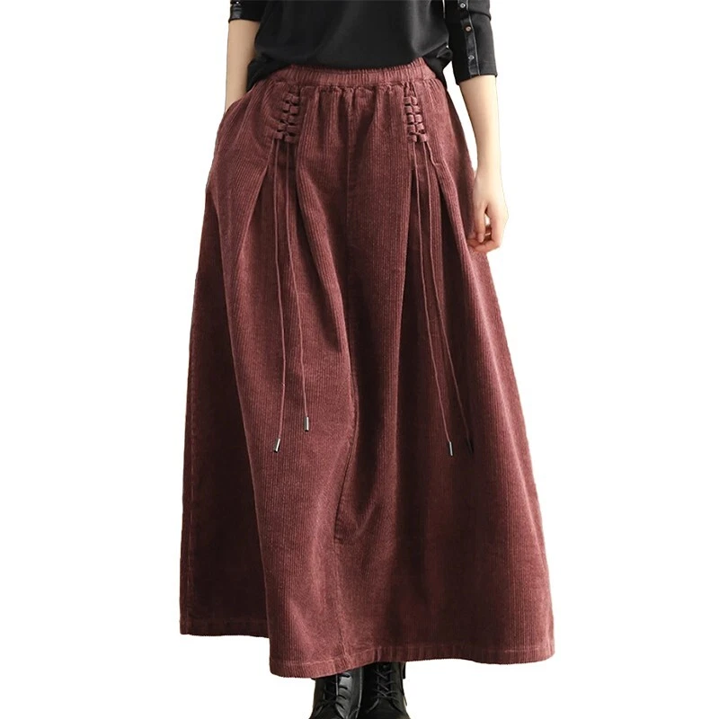 Chinese Fashion Womens Elegant Corduroy Skirts Luxury Elastic Waist Streetwear