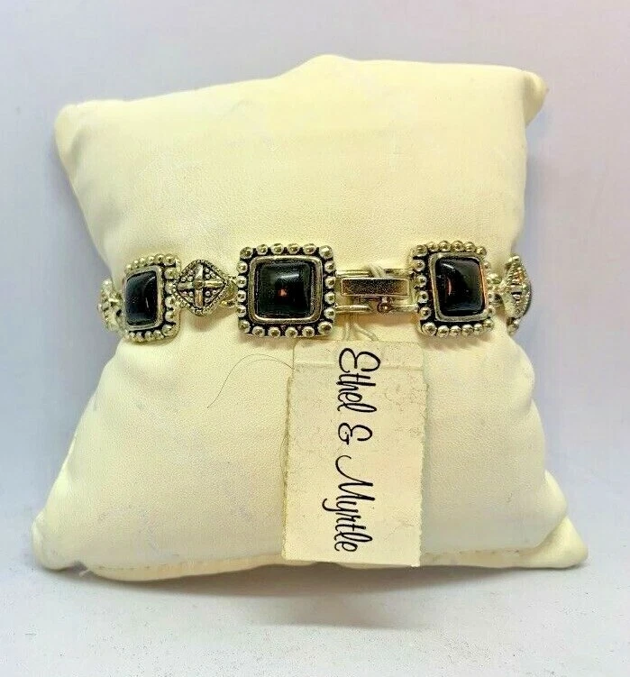Новый с Ярлыками! Ethel & Myrtle оловянный металл с черными камнями и складной браслет-застежка ~7,5" - Изображение 4 из 4