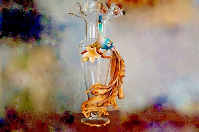 Vintage Cevik/ Capodimonte Peacock, 22" tall glass and porcelain vase.