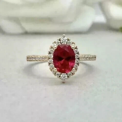 2.00 Ct Oval Cut Lab Created Red Halo Engagement Ring 14k Yellow Gold Plated - Image 2 of 4