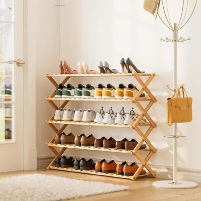 COLOURTREE Shoe Rack Foldable Shoe Rack, Narrow Bamboo Shoe Organizer