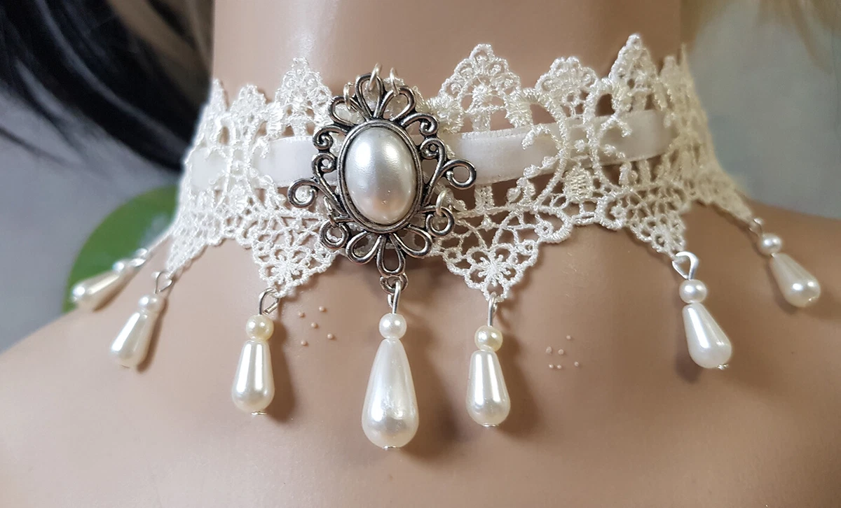 COLLIER DENTELLE RAS DE COU BLANC IVOIRE GOTHIC VINTAGE SOIREE