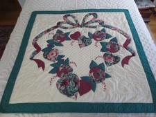 Handmade APPLIQUED HEARTS FLOWERS Cotton QUILT Wall Hanging/Topper - 46" x 44"