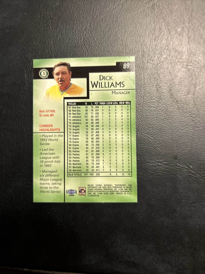 B99a #89 Dick Williams, 1999 Fleer Sports, Illustrated Greats Of The Game - Image 2 of 2