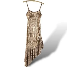 Wild Fable Dress Sz S Brown/Tan Zebra Striped Asymmetric Babydoll Mesh Midi Y2K