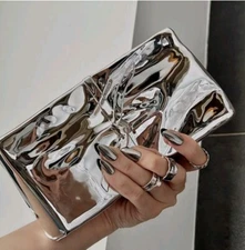 Zara Metallic Minaudiere Box Clutch Bag Chain Reflective Silver 6509/310 New
