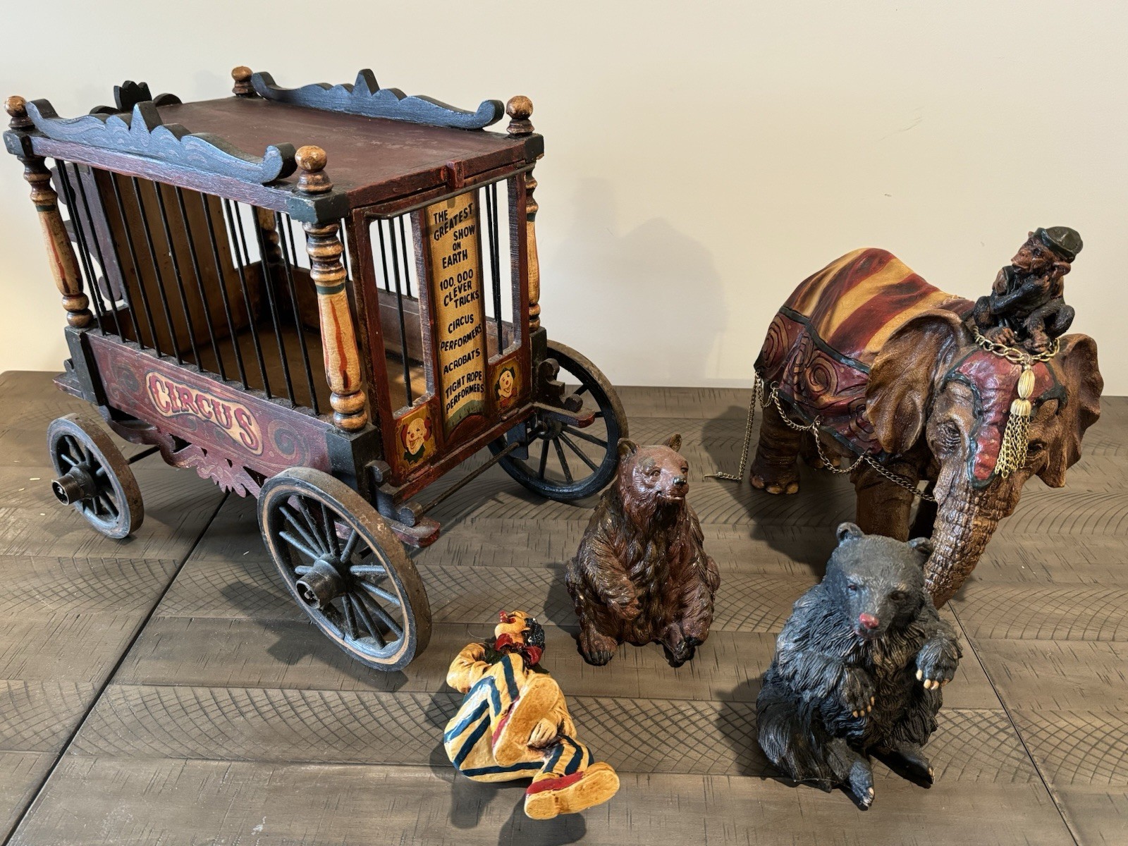 1920-1940s Barnum & Bailey Circus Wagon w/ Clown, Elephant & Two Bears Set Of 5