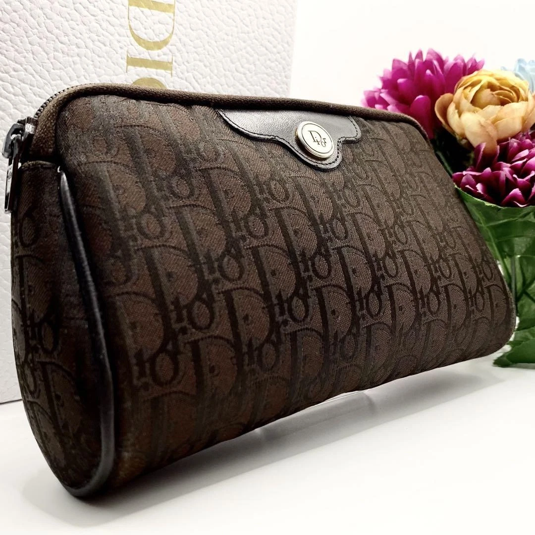 Rare pochette Dior logo trotteur ajustée cuir toile marron