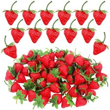 100 PCS Artificial Red Strawberries Lifelike Fake Fruit Plastic