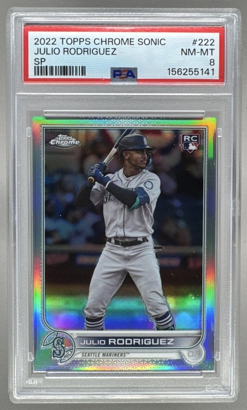 156255141 Julio Rodriguez 2022 Topps Chrome Sonic #222 Rookie RC SP PSA 8