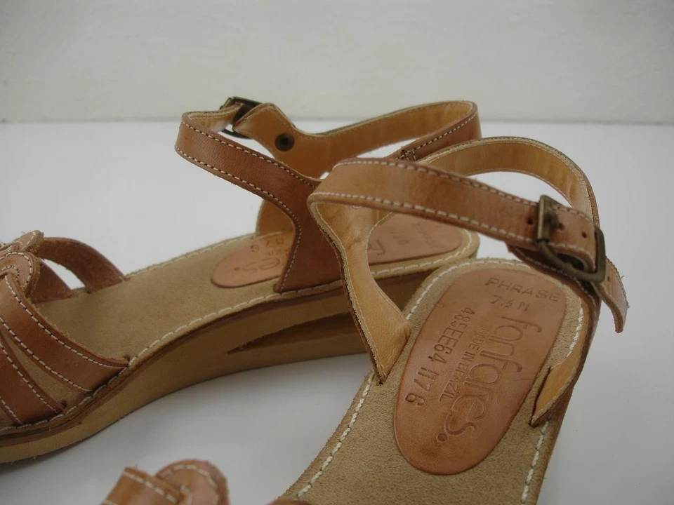 Sandalias Huarache De Colección Años 70 Para Mujer 7.5 M Fanfarres Cuero Tejido Tostado Correa al Tobillo Foto 4 de 4