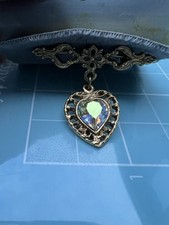 VTG 1928 Heart Bow Rhinestones Gold Tone Brooch Made In USA 1.5”