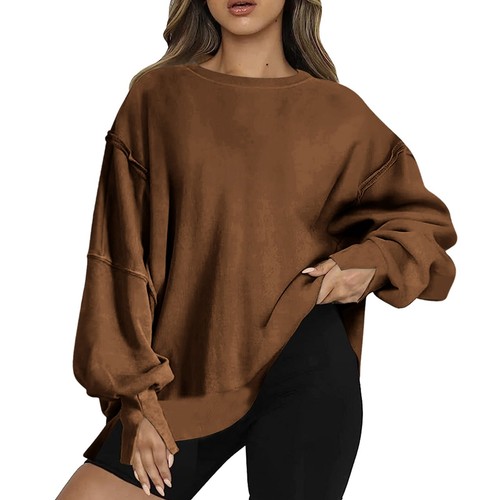 Women's Oversized Sweatshirt Crew Neck Long Sleeve Casual Slit Sloucthy Pullover - Picture 30 of 47