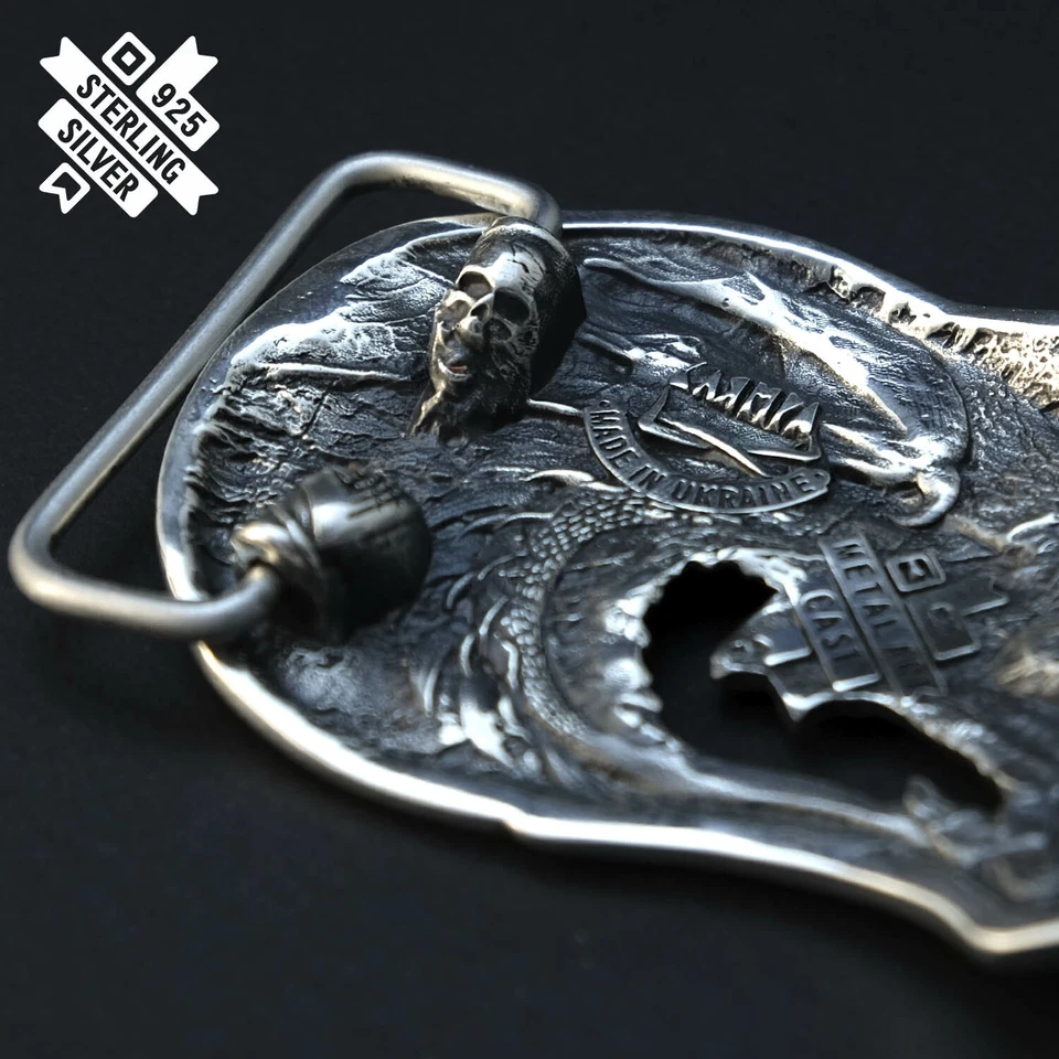 Hebilla de cinturón Cabeza de Jormungandos, Serpiente sólida Plata de Ley 925 Hebilla de cinturón Foto 3 de 4
