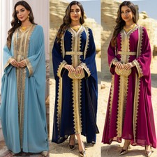 Women Muslim Open Abaya Maxi Dress Cardigan Sets 2 Piece Kimono Ramadan Dresses