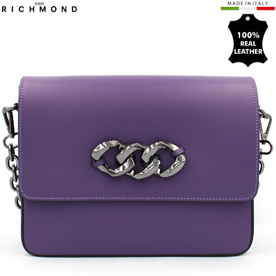 John Richmond Purple Leather Small Crossbody Bag Chain Strap Rock Chic Designer