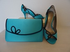 JACQUES VERT SHOES AND MATCHING BAG -TURQUOISE WITH DARK NAVY  TRIM SIZE 7 -NEW