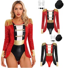 US Women Circus Ringmaster Costume Outfit Tassel Leotard Hat Bow Collar Gloves